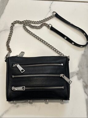 Rebecca Minkoff Black Leather Crossbody Bag Silver Chain Multi Zip Moto